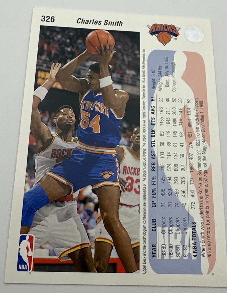 1992-93 Upper Deck Charles Smith No326 New York Knicks - Изображение 2 из 3