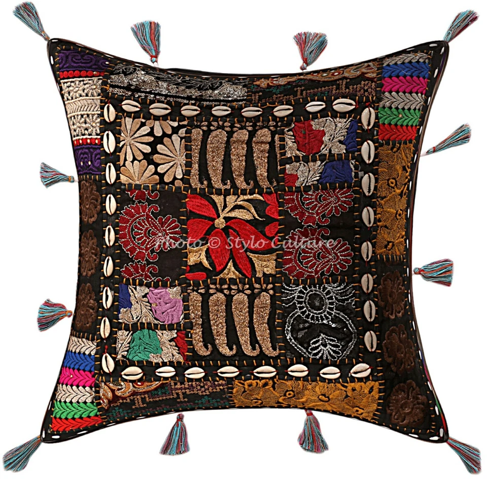 Boho Hippie Yoga Pillow Case Cushion Cover Black Patchwork Embroidered - Image 2 of 4