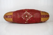 Very Old, Antique Oblong Middle Eastern Leather Pillow, Handmade - Red &Yellow 
