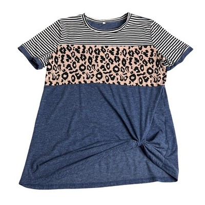 Leopard Stripe Colorblock Tee Shirt Womens M Blue Short Sleeve Knot Hem Top