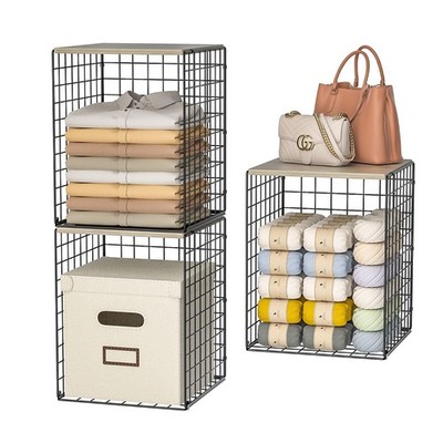 Taller Closet Organizers and Storage with Wood Top, Set of 3 Stackable Wire S...