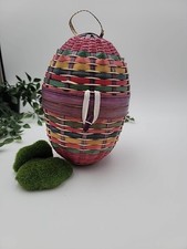 Vtg Bright Easter Egg Shaped Woven Wicker Basket Attached Lid 11" x 8"