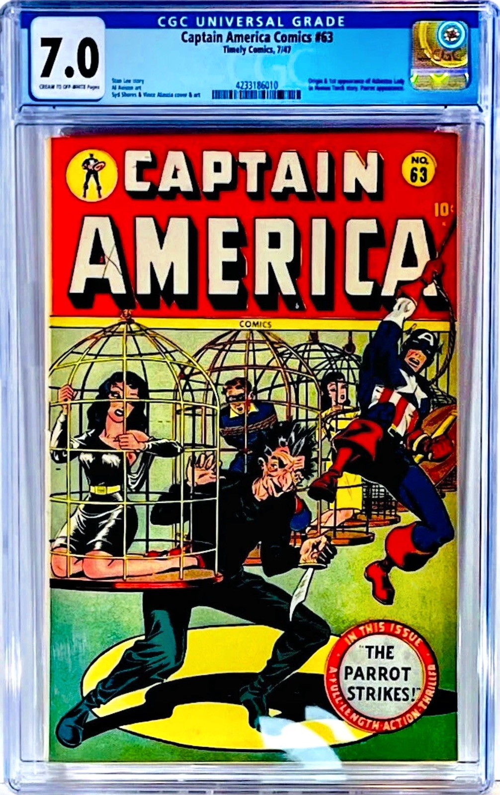 ⭐️ Captain America #63, 1947 CGC 7.0 Very Fine, ⭐️Good Girl Cage Bondage !!