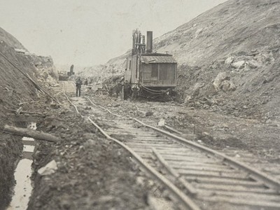 Railroad Cut with Steam Equipment Construction Progress View c1900 Antique Photo