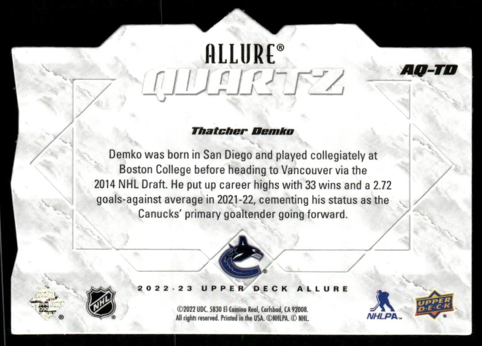 2022-23 Upper Deck Allure #AQ-TD Thatcher Demko Quartz - Image 2 of 2