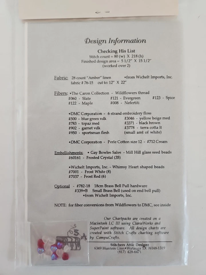 Stitchers Attic CHECKING HIS LIST Santa Cross Stitch Chart & Heart Embellishment - Image 4 of 4