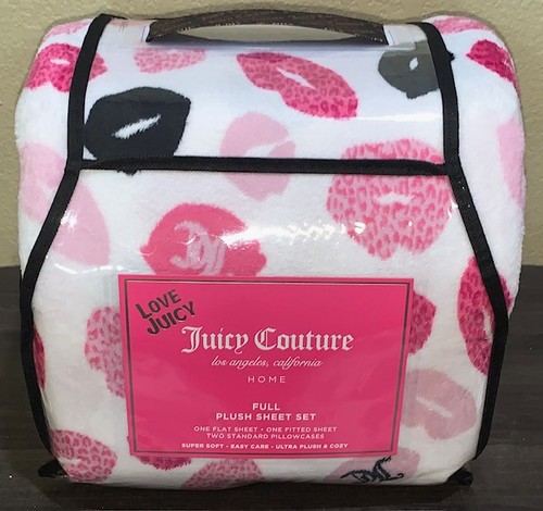 Juicy Couture KOMPLETTES 4-teiliges Plüsch-Laken-Set weiß/rosa Leopard & schwarze Küsse Lippen - Bild 2 von 7