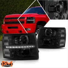 For 07-14 Chevy Silverado LED DRL Strip Headlight/Lamp Smoked Housing Clear Side