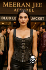 Women Black Premium Lambskin Leather Corset 6 Buckle Strap Steal Boned Zip Front