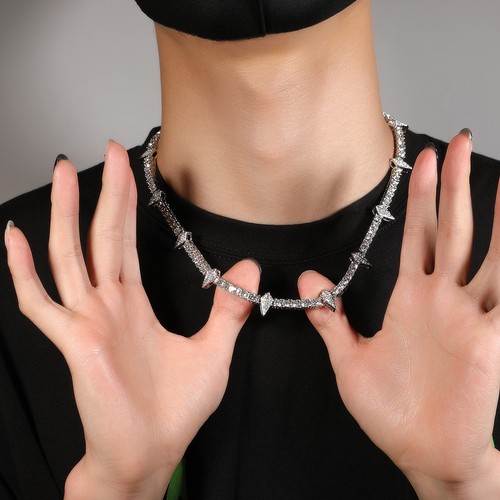 Collar de hip-hop para hombre cadena de acero inoxidable con diamantes exquisito collar de espigas - Imagen 17 de 27