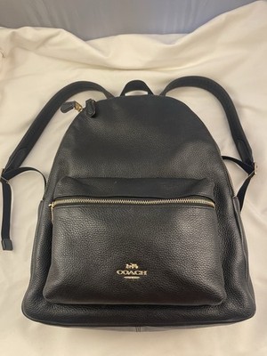 Coach Black Pebbled Leather Zipper Pocket Top Handle Backpack Medium Excellent.