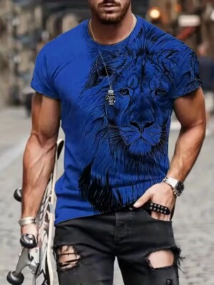 Camiseta estampado gráfico cabeza león arte azul moda manga corta ligera moderna