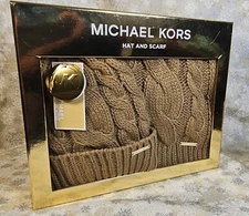 Michael Kors Hat & Scarf Boxed Set Cable Knit Camel Brown Warm & Cozy SHIPS FREE