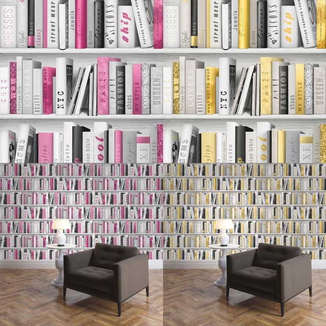 Muriva Fashion Library Bookcase Wallpaper Pink (139501) for sale online eBay