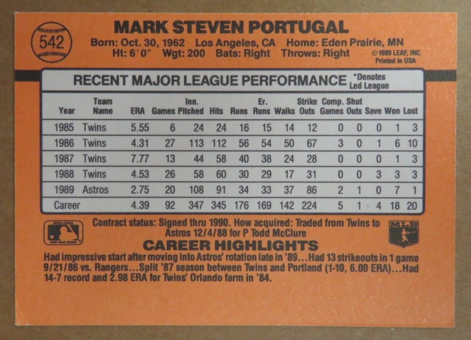Mark Portugal 1990 Donruss # 542 Astros - Image 2 of 2