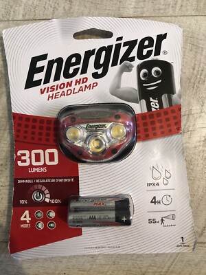 RED Energizer Vision HD 4 Modi Stirnlampe + 3 AAA-Batterien 300 Lumen dimmbar NEU