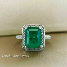 3.10CT Emerald Cut Real Emerald Engagement Wedding Halo Ring 14K White Gold FN