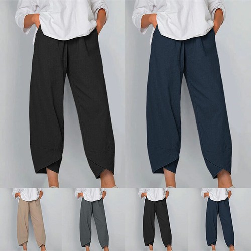 Damen Sommer Freizeit Baumwolle Leinen Baggy Gekürzt Harem Hose Solid Locker - Bild 4 von 12