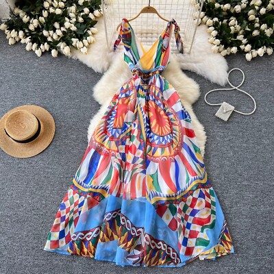 Summer Runway Sleeveless Red Blue And White Porcelain Long Dress Women's |  eBay