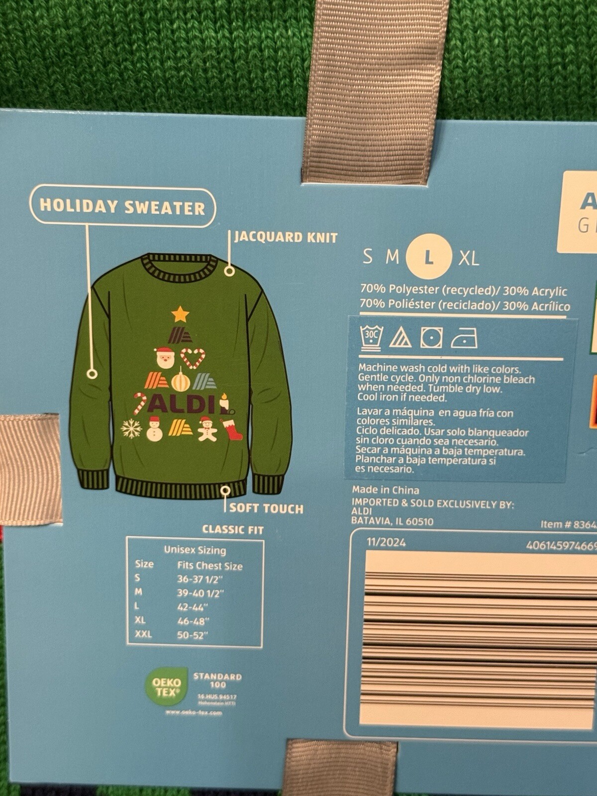 2024 Aldi Gear Christmas Holiday Sweater - SIZE LARGE - Green Santa Candy Cane