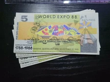 🇦🇺 Australia Bicentenary World Expo 1988 5 dollars UNC  banknote 121121-12