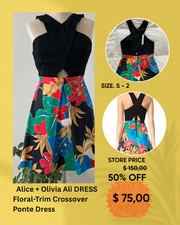 VESTIDO ALICE + OLIVIA FLORAL-TRIM CROSSOVER PONTE DRESS