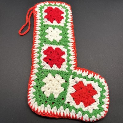 Granny Square Christmas Stocking Handmade Knitted Red White Green