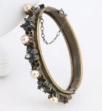 Vintage Sweet Romance USA Bangle Bracelet Crystal Rhinestone Pearl Antique Tone