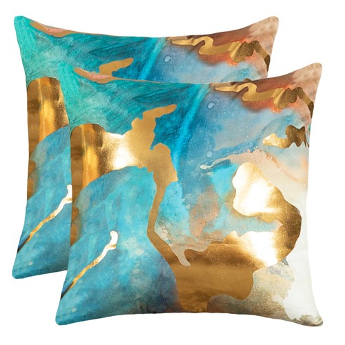 Teal and Gold Throw Pillow Covers 18x18 in Set of 2 Turquoise and Gold Velvet...