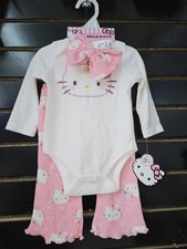 Hello Kitty 3 Piece Outfit Set Bodysuit Pants Bow Pink White 6M Cartoon Cat. NEW