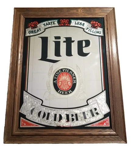 Miller Lite Cold Beer Wood Frame Mirror Bar Pub Sign Glass 22” x 29” Vintage