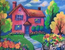ORIGINAL 2.5x3.5” ACEO Sibley Painting Colorful Acrylic “FLOWER COTTAGE”