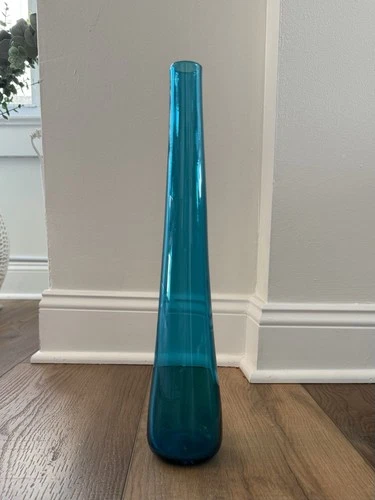 Vintage Blenko 5616 Turquoise Art Glass Bud Vase Bottle Wayne Husted MCM 14.5”