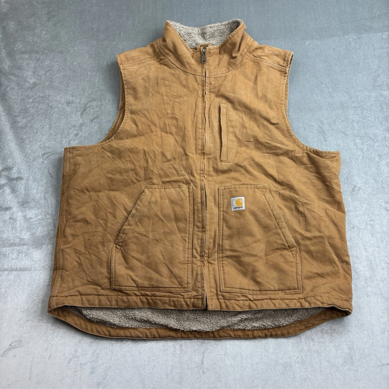 Carhartt Brown Canvas Sherpa Lined Vest Workwear Men’s Size XL