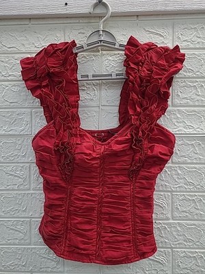 Pre-owned Bebe Ruffle Fiesta Lace Up Rear Cropped Top Women's US Size S
