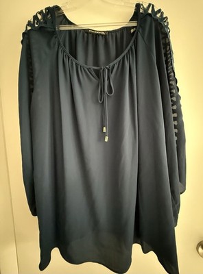 Sharagano Woman Blue Chiffon Tie Closure Cut-Out Round Neck Long Sleeve 2X
