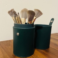 15Pc Makeup Brush Set Green Gold w/ PU Leather Travel Soft Cosmetic Brushes New