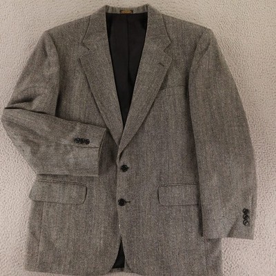 VTG Tweed Jacket 41R M Gray Herringbone Polyester Wool Blazer