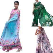 Women's Satin Digital Print Saree with Unstitched Blouse Piece