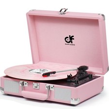 Vintage Pink Suitcase Record Player Turntable 3-Speed Bluetooth USB MP3 Converte