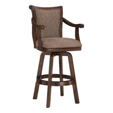 Linon Brandon Upholstered 30" Wood Swivel Bar Stool with Arms in Warm Cherry