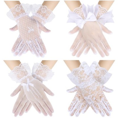 Heentan 4 Pairs Kids Lace Gloves White Tea Party Gloves for Little Girls Bow ...