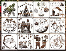 12pcs Christmas Stencils 5x5 Reusable Holiday DIY Painting Santa Snowman Sled