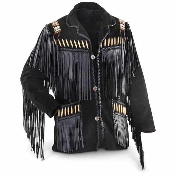 New Men Native American Western Cowboy Suede Leather Fringed & Beaded Jacket