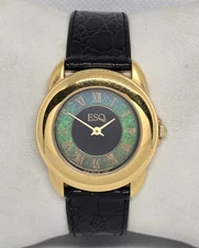 Unisex ESQ Swiss Esquire 300188 Green Dial Gold Tone Black Leather Band Watch 08