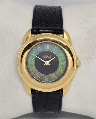 Unisex ESQ Swiss Esquire 300188 Green Dial Gold Tone Black Leather Band Watch 08