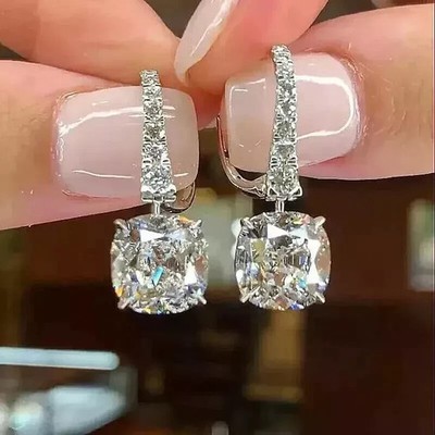3CT Cushion Cut Lab Created Diamond Drop Dangle Earrings 14K White Gold Plated