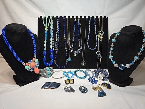Vtg Now Blue Mixed Bulk Costume Jewelry Lot Necklaces Bracelets Earrings #997
