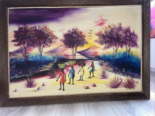 R.Malval Haitianische Volkskunst Landschaft Ölgemälde Leinwand Original Rahmen Signiert - Bild 9 von 20