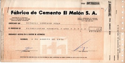 CHILE, DOCUMENTO DE ACCIONES CEMENTO EL MELON, AÑO 1970    #DOC005